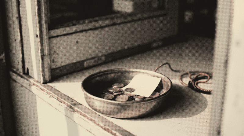 A rounded metal cash tray on a shop counter holding a few coins and a curled slip of blank paper — Credit Card Terms Malaysia 2026: Rates, Caps and Income