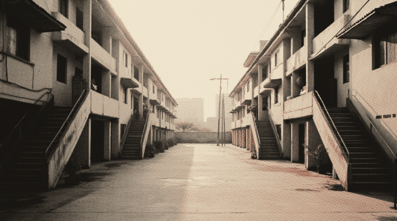 Two rows of low-rise walk-up flats facing each other across an empty concrete car park at dawn — Residensi Wilayah vs Rumah Selangorku 2026: Who Qualifies