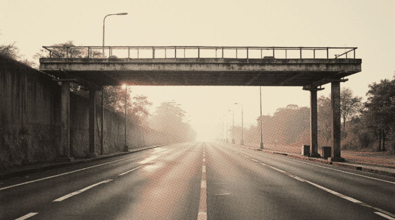 A wide empty approach road leading toward a low border checkpoint at dawn — Singapore VEP 2026: Registration, Autopass Card & Charges