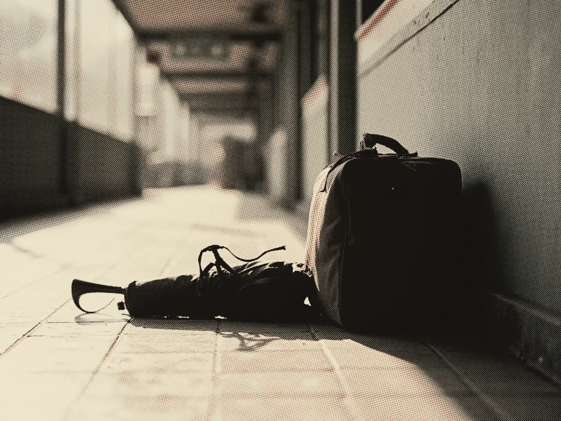 Travel Insurance Malaysia 2026: What 5 Policies Pay &mdash; a folded umbrella beside a travel bag handle on a tiled floor