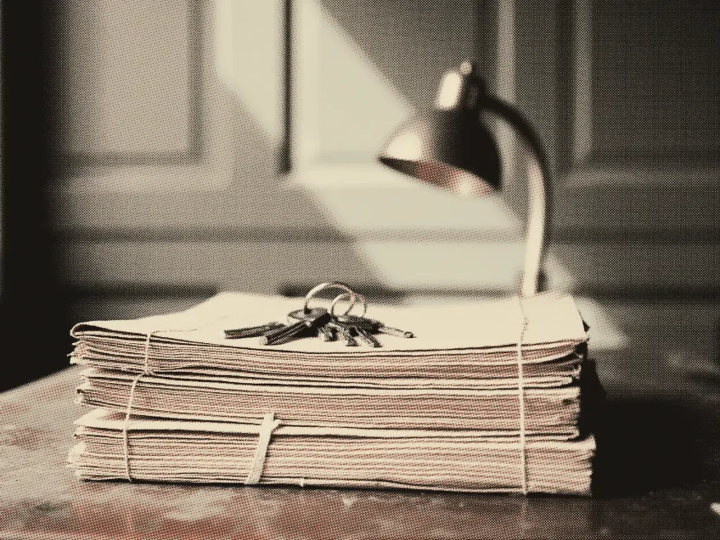 A tied stack of legal papers with a set of keys resting on top, lit by a desk lamp