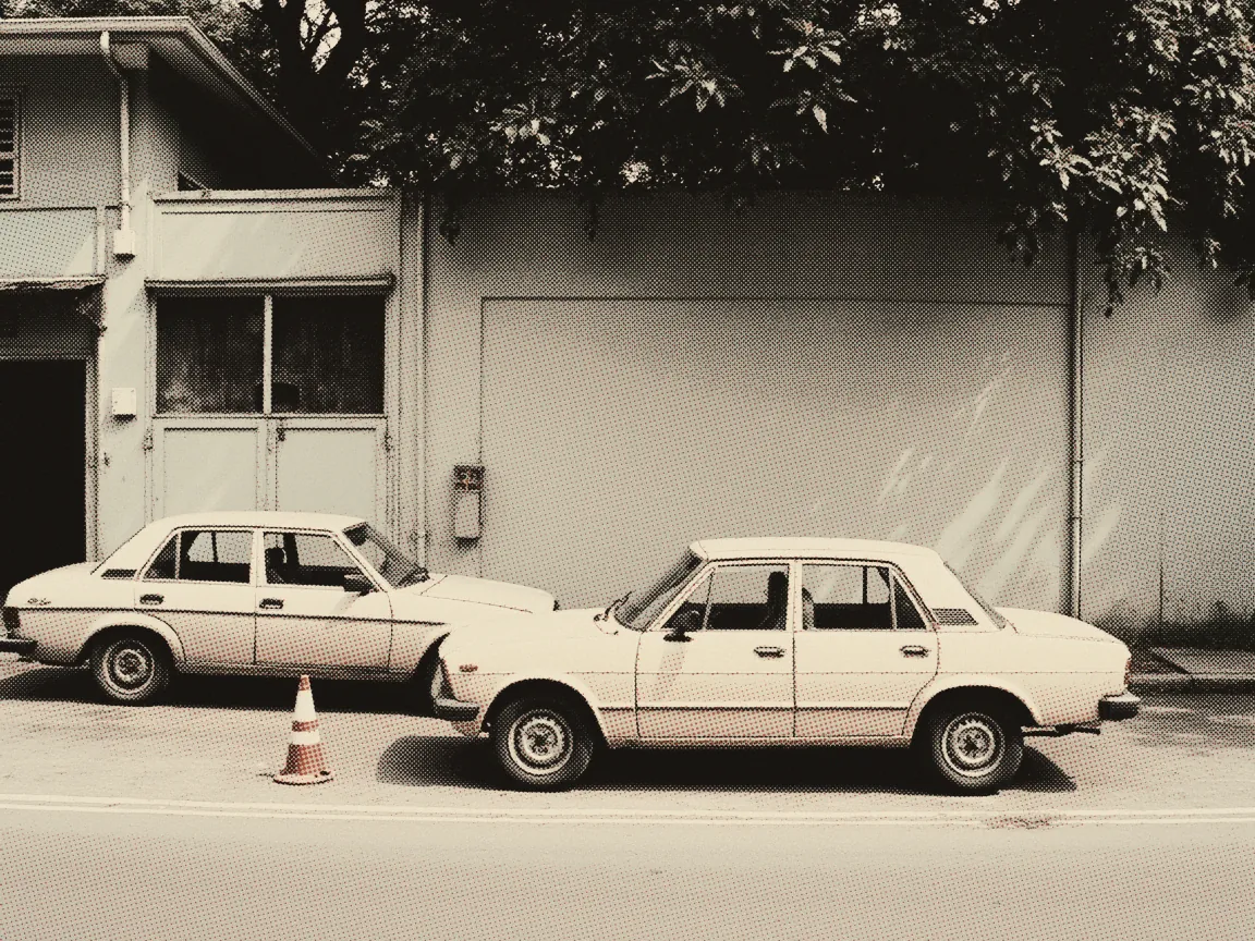 Two old saloon cars stopped nose to tail at the kerb, with a traffic cone beside them