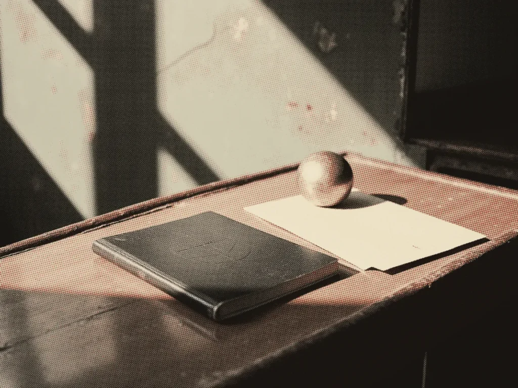 A closed folder and a blank sheet of paper on a desk, with a round token resting on the paper