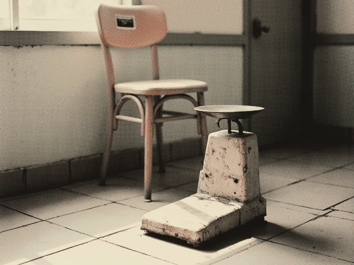 Health Screening Cost Malaysia 2026: What Each Price Buys — an old weighing scale on a tiled clinic floor