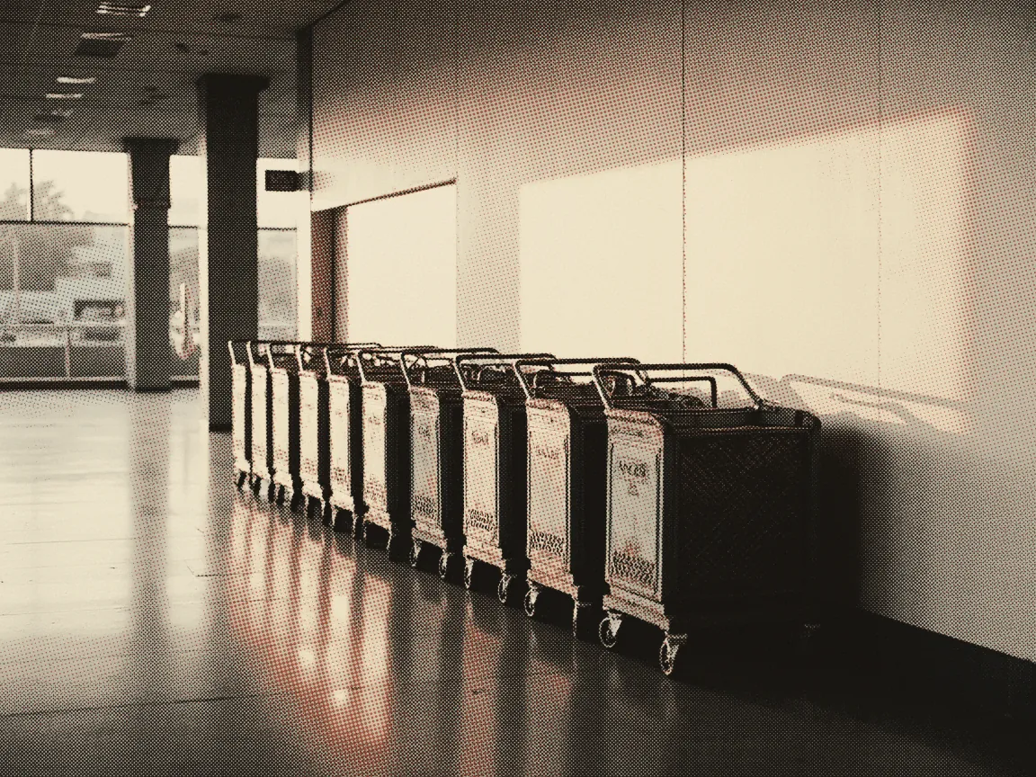 Malaysia Passport Visa-Free Countries 2026: Full List — an airport departure hall walkway at dawn, trolleys nested in a row