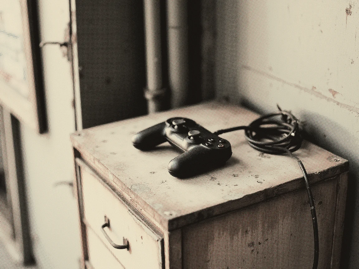 PS5 Pro Price Malaysia 2026: Price, Specs & Is It Worth It? — a game controller on a low timber cabinet with a coiled cable