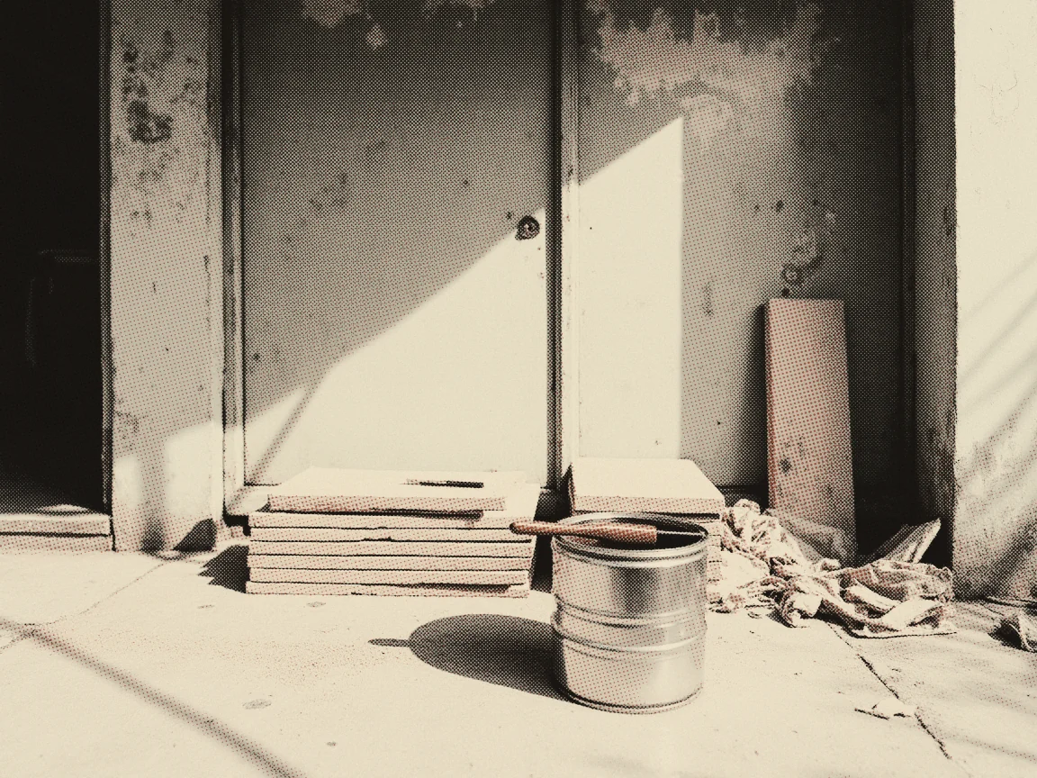 Renovation Cost Malaysia 2026: Kitchen & Cabinet Prices — a stack of floor tiles and an open paint tin on a dusty cement floor