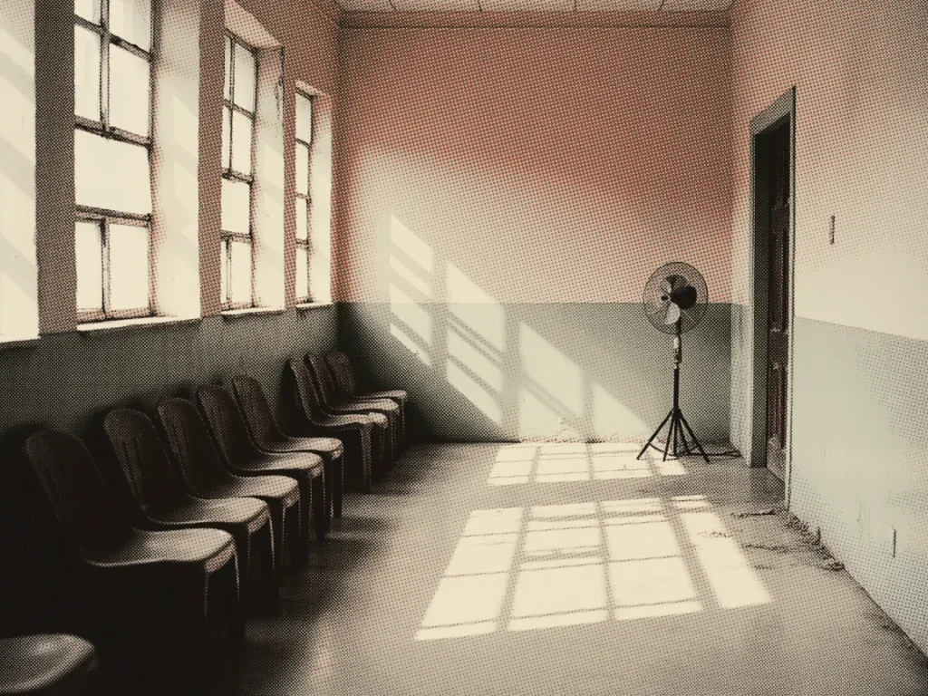 Empty plastic chairs lined against a wall in a bare waiting room, with a standing fan by the door