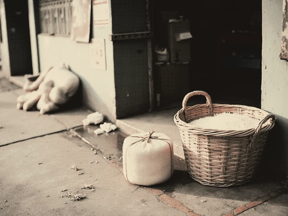 STR Sumbangan Tunai Rahmah: Eligibility & How to Claim — a woven market basket and a tied rice sack on a wet market floor