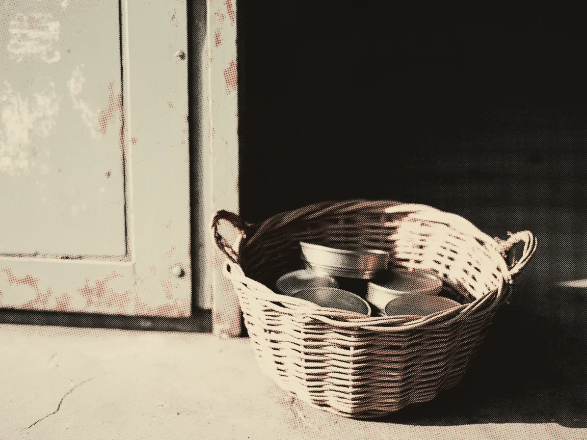 SARA Sumbangan Asas Rahmah: Amount, MyKad & Merchant List — a woven rattan basket holding unlabelled tins on a bare cement floor
