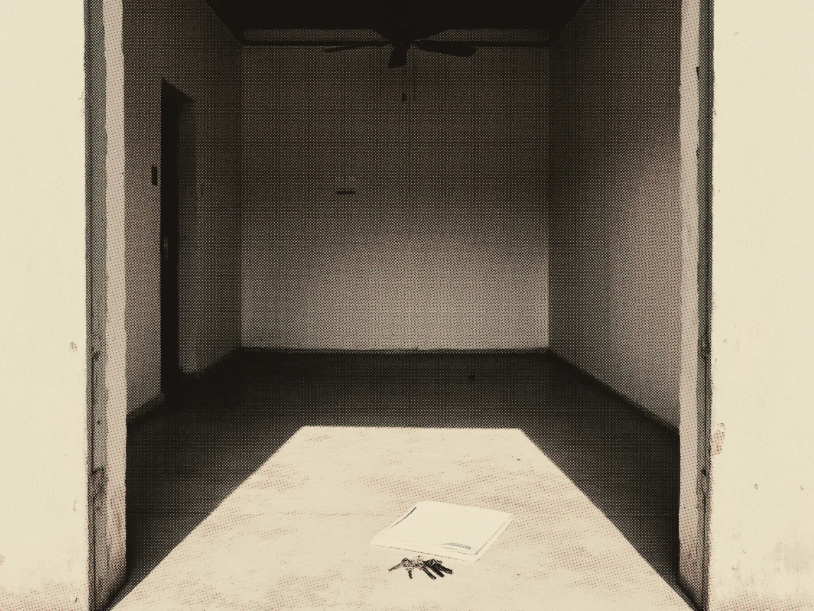 Tenancy Agreement Malaysia 2026: Stamp Duty & Deposit — an empty rented room on handover morning, keys and folded paper on the floor