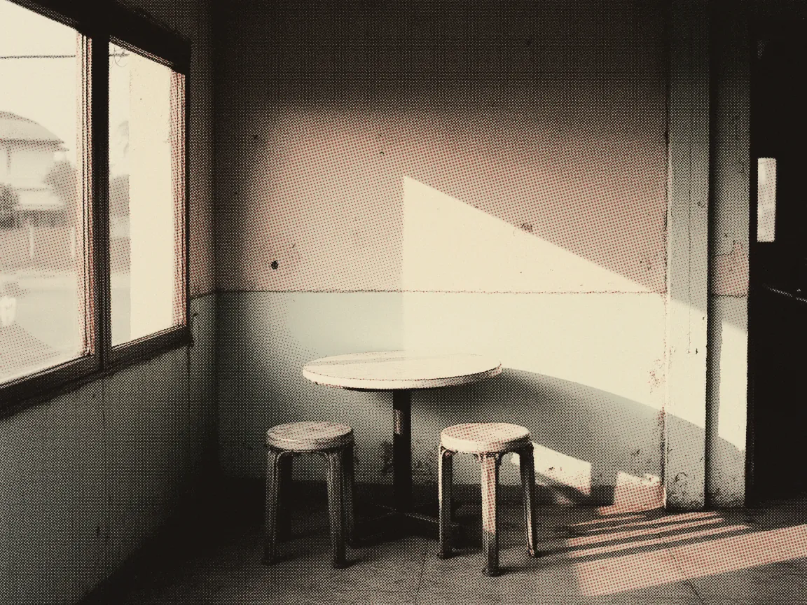 Touch 'n Go eWallet Scam: How It Works & How to Stay Safe — an empty kopitiam table by a window, a marble top and two stools