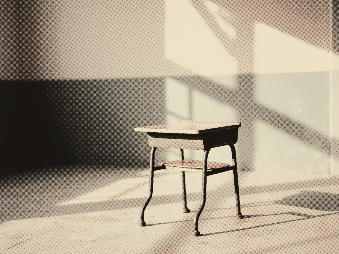 Year 1 Registration Malaysia 2026: KPM Dates, Steps — a single empty school desk and chair, sunlight crossing an empty classroom wall