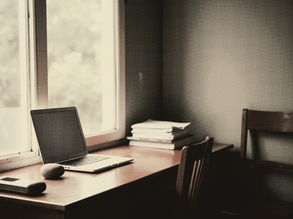 Open laptop with a blank dark screen on a desk, halftone newsprint texture